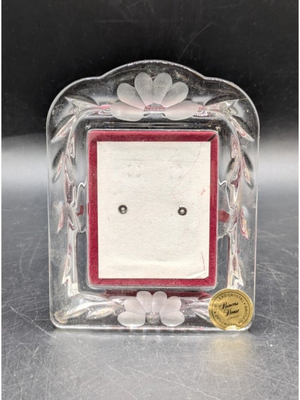 Vtg Princess House Crystal Picture Frame Clear Glass Floral Etch Holds 2.5x3